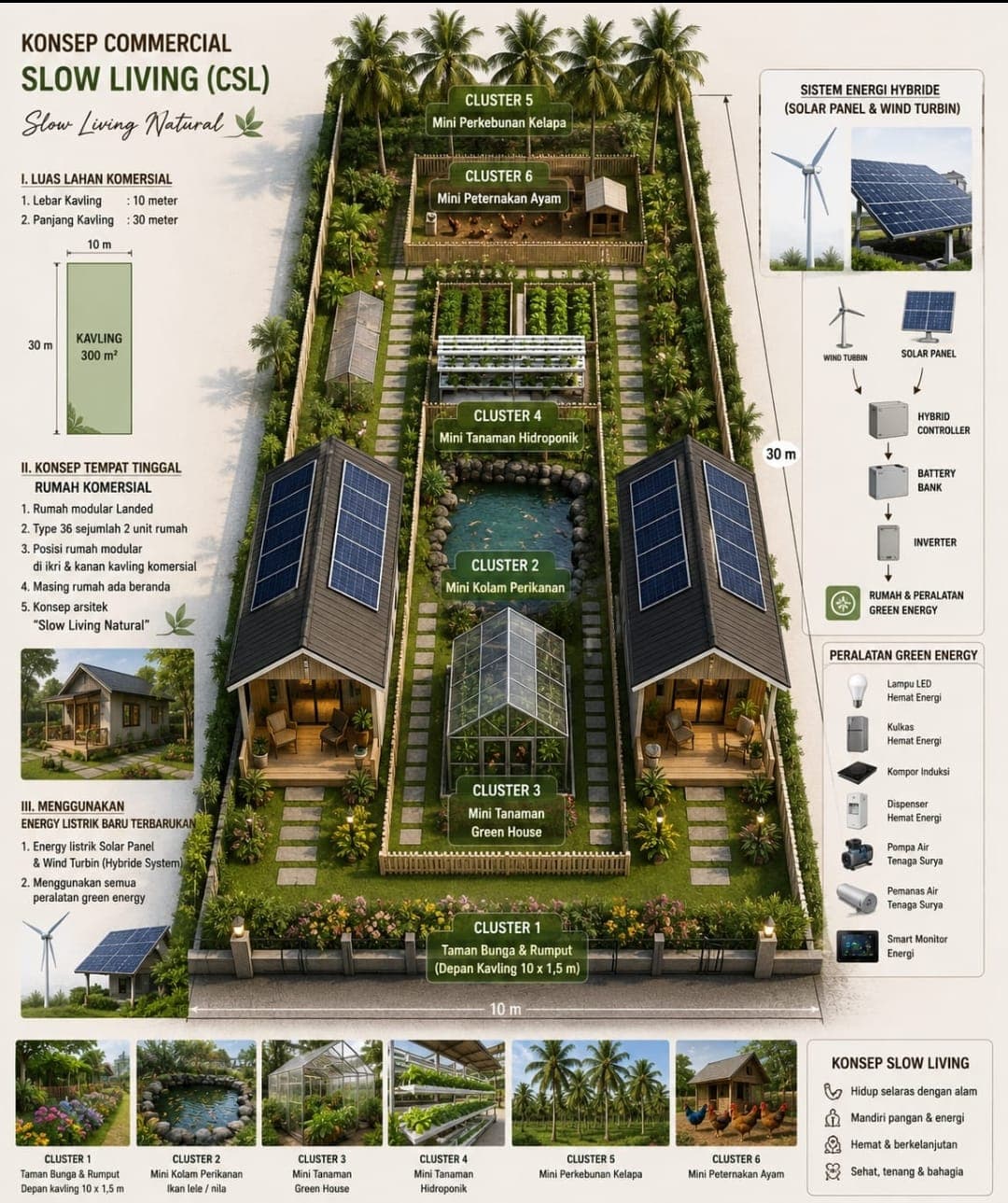Infografis Konsep Commercial Slow Living (CSL) — layout kavling 300m2 dengan 6 klaster dan sistem energi hybrid